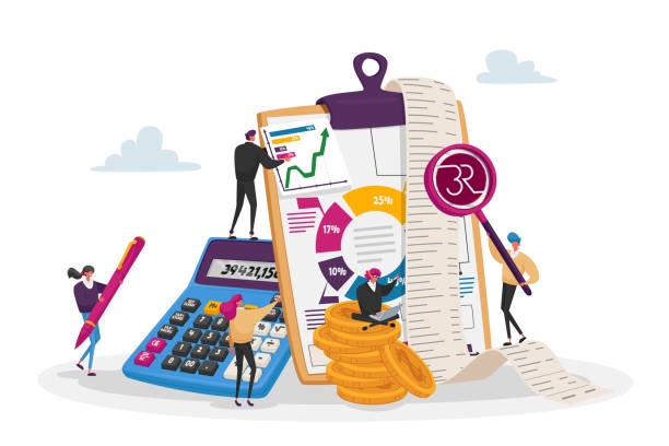Organizing Accounting, Financial, Banking Data. Tiny Accountant Characters around of Huge Clip Board Filling Bookkeeping Graphs and Charts Counting Debit and Credit. Cartoon People Vector Illustration